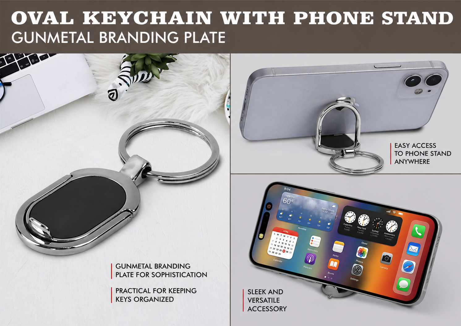 Oval Keychain with Phone stand | Gunmetal branding plate