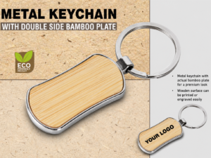 Metal keychain with double side Bamboo plate