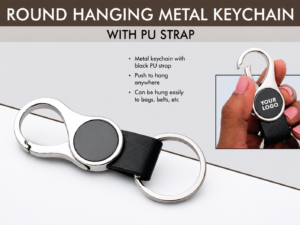 Round hanging metal keychain with PU strap