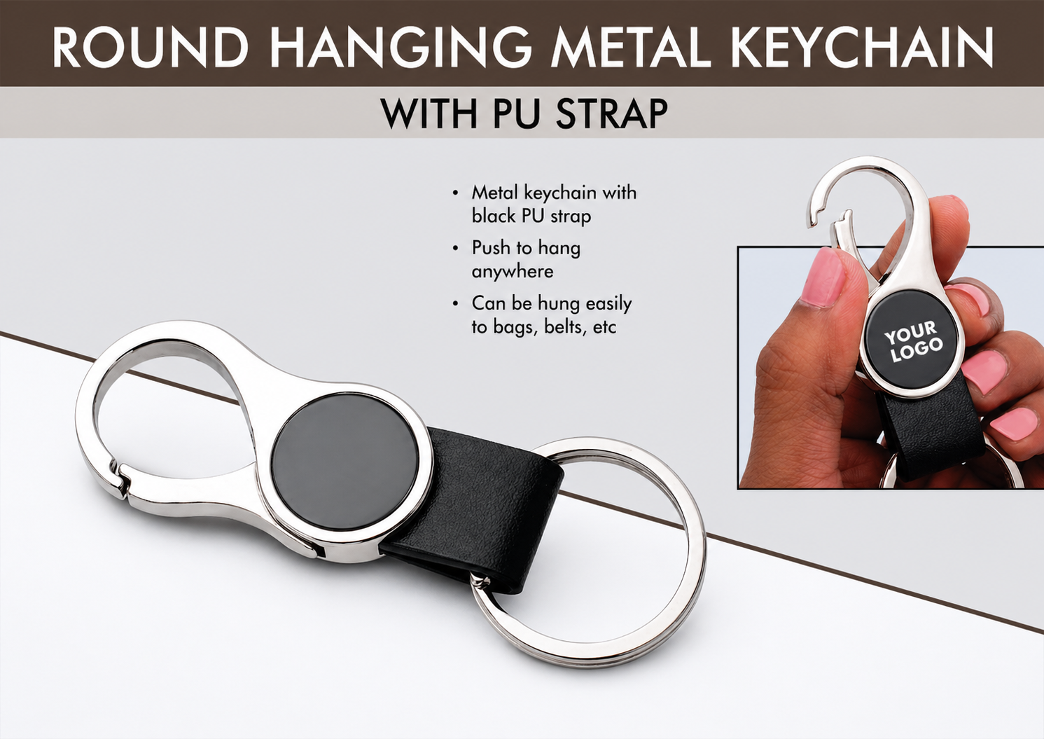 Round hanging metal keychain with PU strap