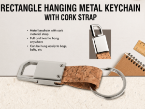 Rectangle hanging metal keychain with Cork strap