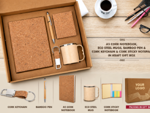 Set of A5 Cork notebook, Eco Steel mug, Bamboo Pen, Cork Keychain & Cork Sticky notepad in Kraft Gift Box