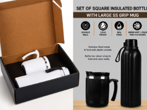 Set of Square Insulated bottle with Large SS Grip mug | Bottle Keeps hot for 4-6 hours