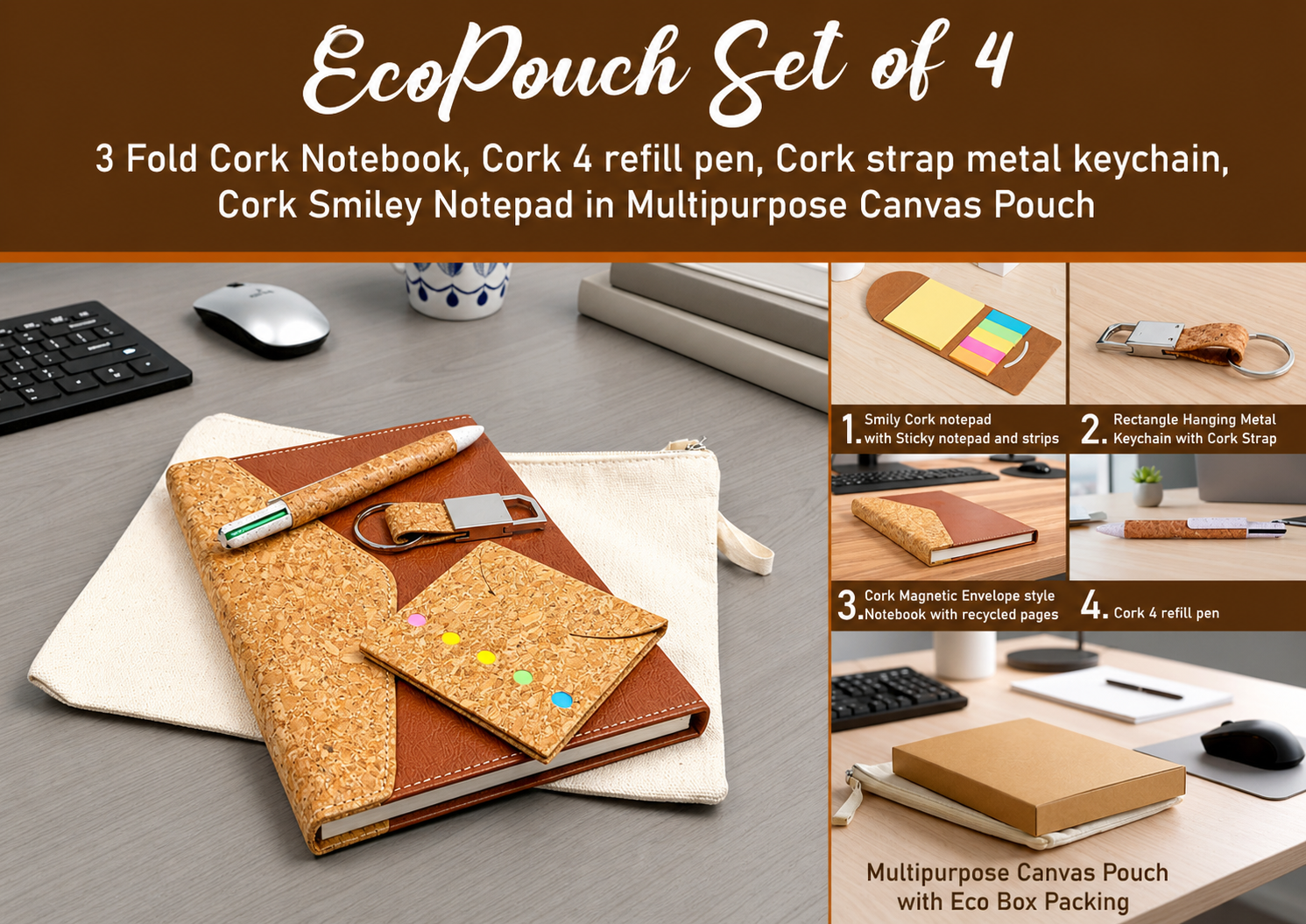 EcoPouch Set of 4: Cork Classic Kit in Multipurpose Canvas Pouch