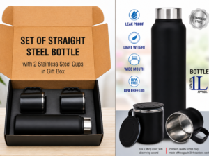 Set of Black Stainless Steel Bottle with 2 Stainless steel cups in Gift box | Bottle capacity 1L