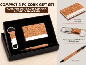 Compact 3 Pc Cork Gift Set: Cork Pen, Metal Cork Keychain & Cork Card Holder