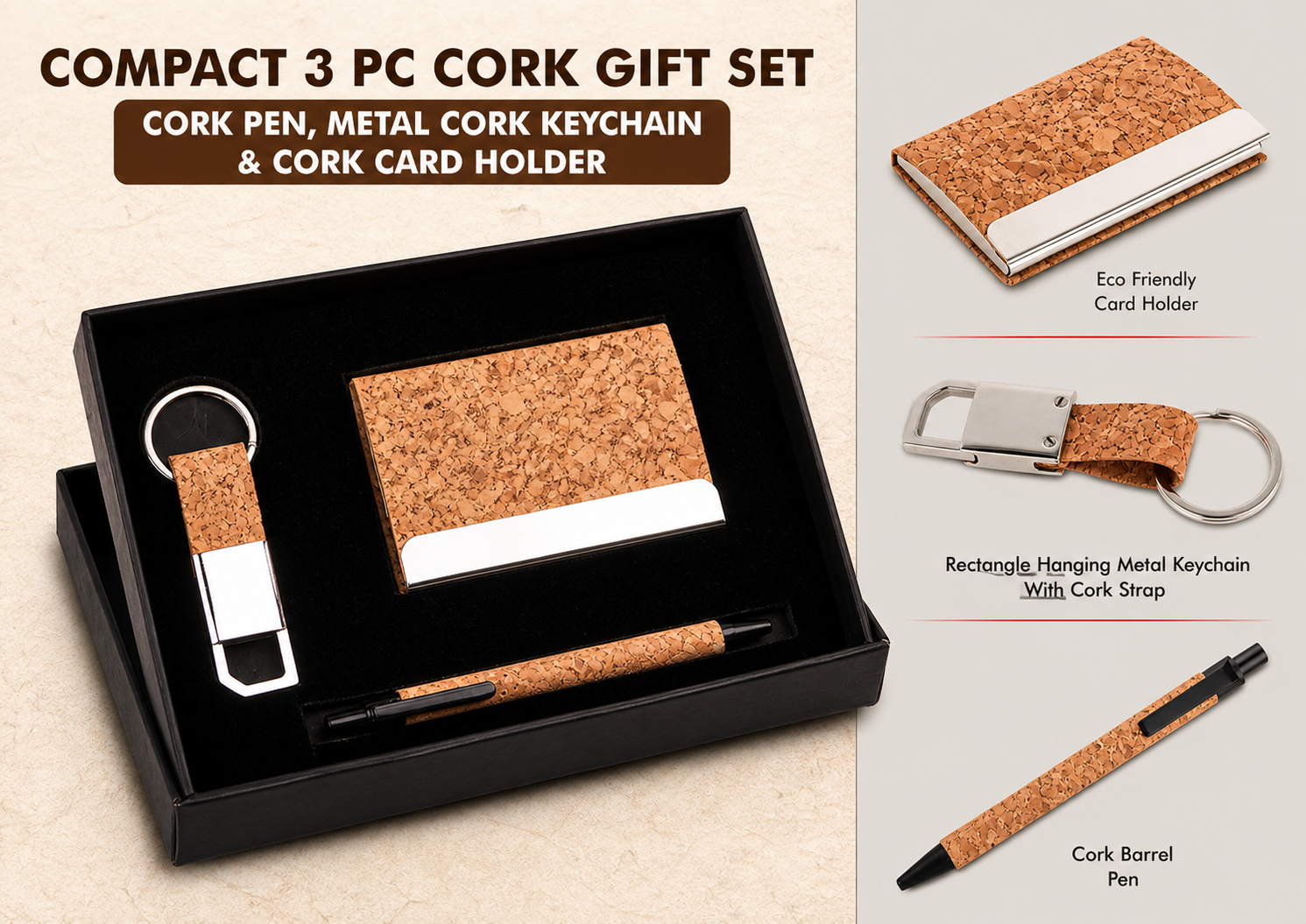 Compact 3 Pc Cork Gift Set: Cork Pen, Metal Cork Keychain & Cork Card Holder